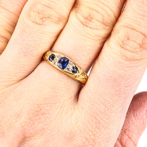 160 - A Victorian 18ct gold 7-stone sapphire and diamond half hoop ring, set with oval mixed-cut sapphires... 