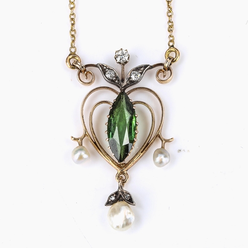 162 - An Edwardian Art Nouveau green tourmaline pearl and diamond pendant necklace, unmarked gold openwork... 