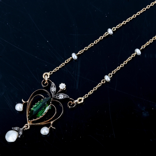 162 - An Edwardian Art Nouveau green tourmaline pearl and diamond pendant necklace, unmarked gold openwork... 