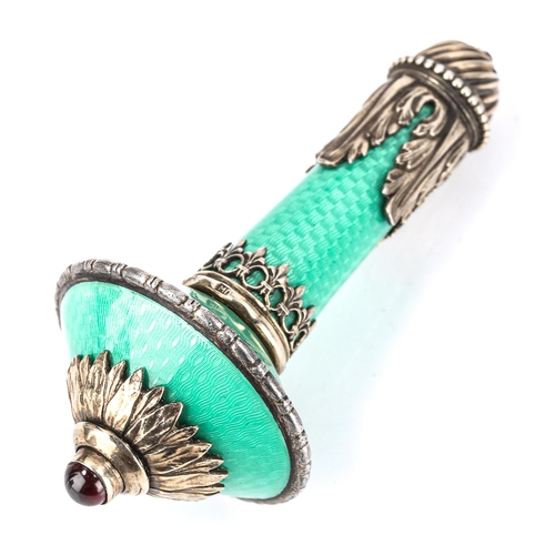 167 - CARL FABERGE - an Antique Russian 88 zolotnik standard silver and green enamel bell-push, with Cyril... 