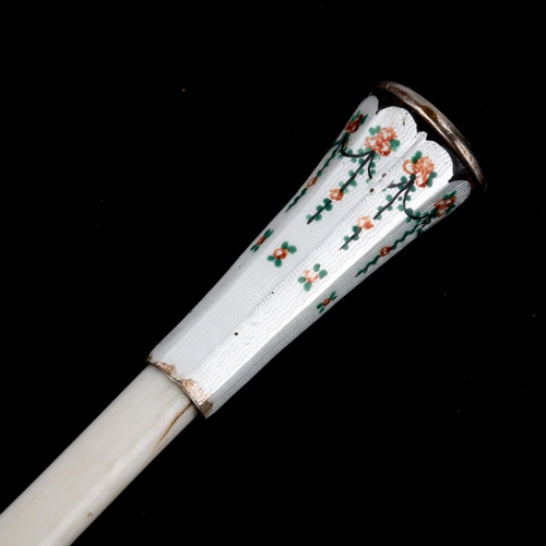 170 - An early 20th century Continental silver enamel and ivory cheroot holder, hand painted floral swag d... 