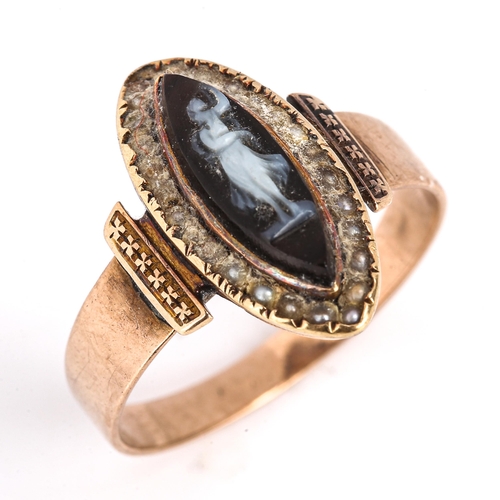 173 - A Victorian marquise hardstone cameo and pearl cluster ring, unmarked gold settings with relief carv... 