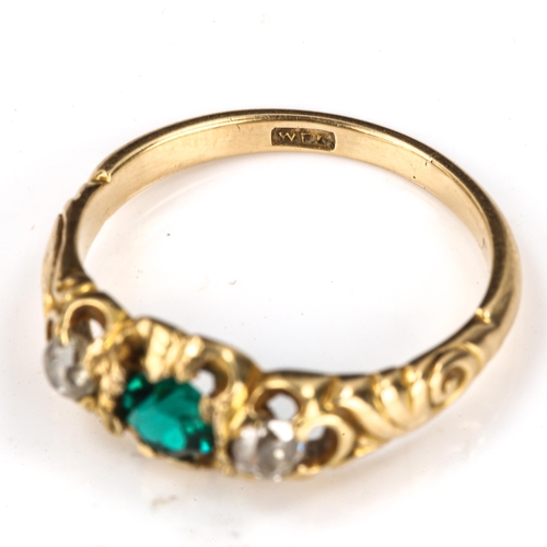 175 - An Antique 3-stone dress ring, unmarked gold settings with green glass and old-cut diamonds, total d... 