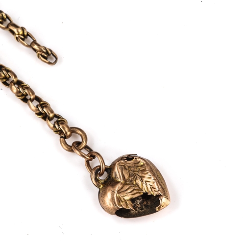 177 - An Antique 9ct gold fancy belcher link chain necklace, with dog-clip, hook and heart pendant, chain ... 