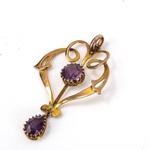 178 - An Edwardian Art Nouveau 9ct gold amethyst pendant, openwork floral design, maker's marks CSFS, pend... 