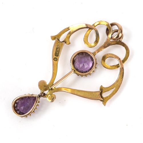 178 - An Edwardian Art Nouveau 9ct gold amethyst pendant, openwork floral design, maker's marks CSFS, pend... 