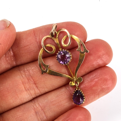 178 - An Edwardian Art Nouveau 9ct gold amethyst pendant, openwork floral design, maker's marks CSFS, pend... 