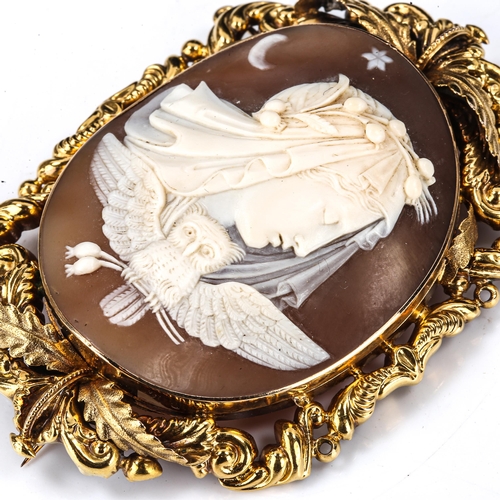 181 - A large Victorian shell cameo brooch, depicting Nyx, Goddess of the Night, and the Owl, in unmarked ... 