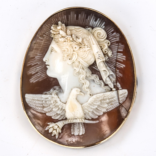 182 - A Victorian shell cameo panel, depicting Hemera, Goddess of the Day, in unmarked yellow metal frame,... 