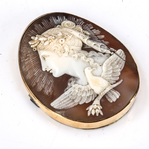 182 - A Victorian shell cameo panel, depicting Hemera, Goddess of the Day, in unmarked yellow metal frame,... 