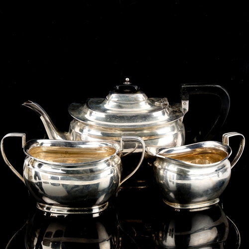 184 - A George V silver 3-piece tea set, comprising teapot, 2-handled sugar bowl and cream jug, ovoid form... 