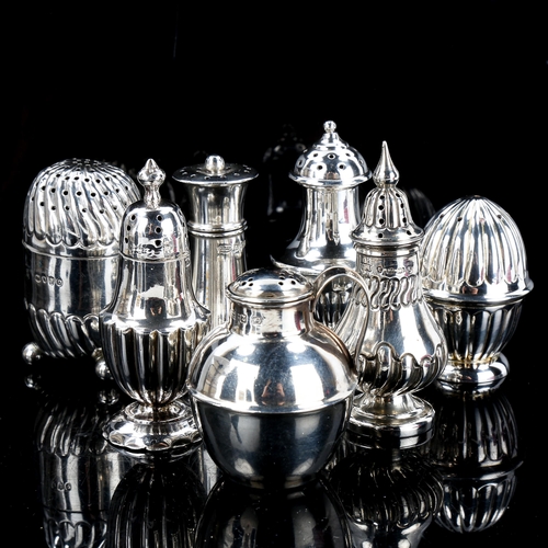 188 - 7 silver pepperettes, including miniature flagon example, largest height 7cm, 4.4oz total (7)