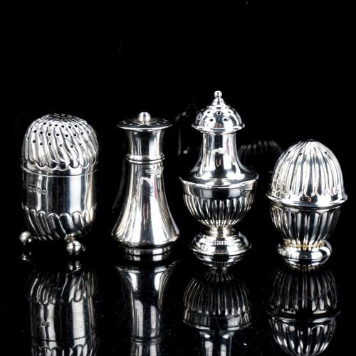 188 - 7 silver pepperettes, including miniature flagon example, largest height 7cm, 4.4oz total (7)