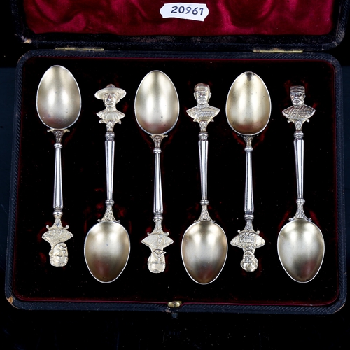 189 - A set of 6 late Victorian silver-gilt souvenir figurehead teaspoons, by Sydenham Brothers, hallmarks... 