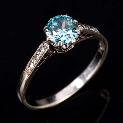 194 - A 9ct white gold solitaire blue zircon ring, zircon measures: 5.63mm x 3.38mm, size M, 1.8g