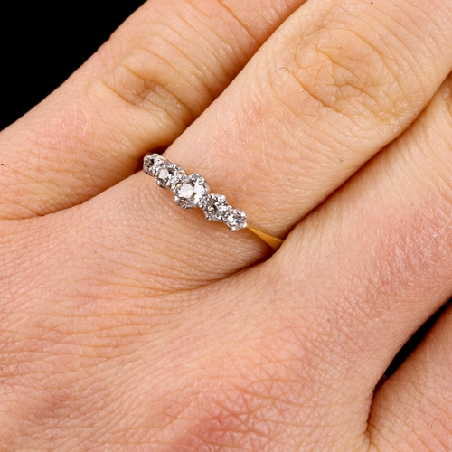 195 - An 18ct gold graduated 5-stone diamond ring, platinum tops with old-cut diamonds, total diamond cont... 