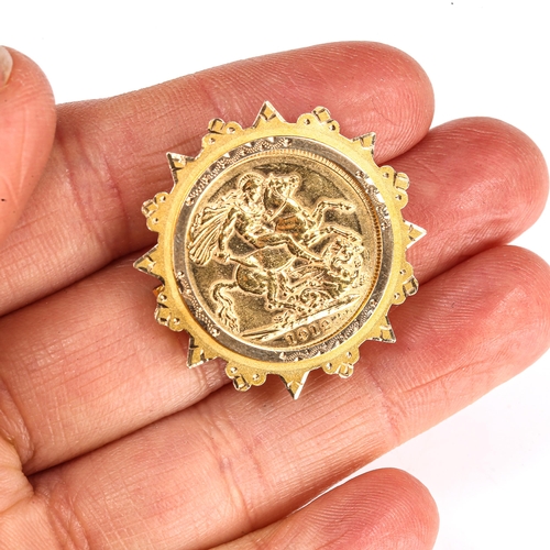 197 - George V 1912 gold full sovereign coin, in 9ct gold star brooch mount, frame diameter 31.1mm, 10.7g ... 