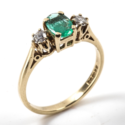 217 - A modern 9ct gold 3-stone emerald and diamond ring, set with oval mixed-cut emerald and modern round... 