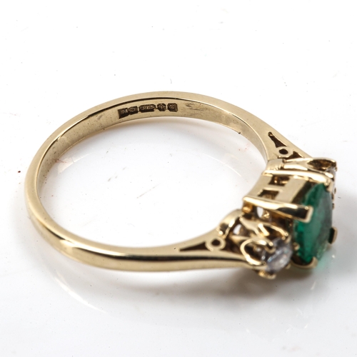 217 - A modern 9ct gold 3-stone emerald and diamond ring, set with oval mixed-cut emerald and modern round... 