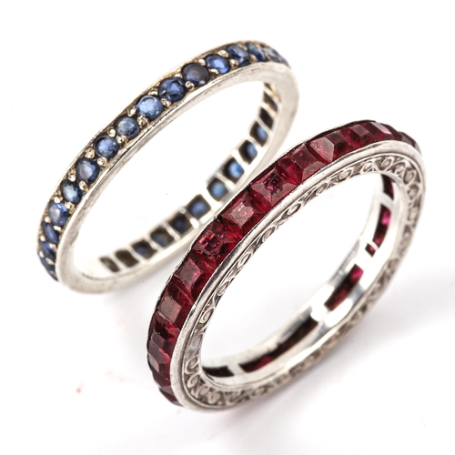 220 - 2 gem set eternity rings, comprising calibre-cut ruby and round-cut sapphire, unmarked white metal s... 