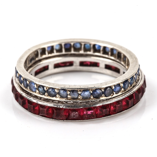 220 - 2 gem set eternity rings, comprising calibre-cut ruby and round-cut sapphire, unmarked white metal s... 