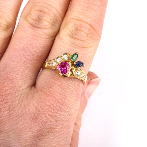 272 - A Continental 9ct gold gem set dress ring, set with synthetic gemstones and cubic zirconia, setting ... 