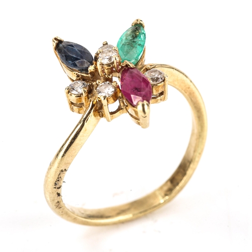 278 - A Continental 14ct gold gem set dress ring, gemstones include diamond ruby sapphire and emerald, set... 