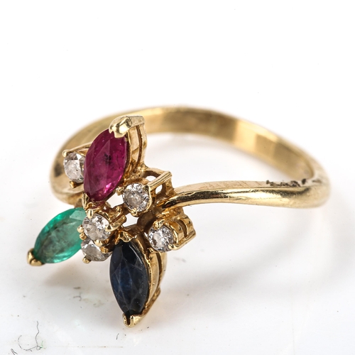 278 - A Continental 14ct gold gem set dress ring, gemstones include diamond ruby sapphire and emerald, set... 