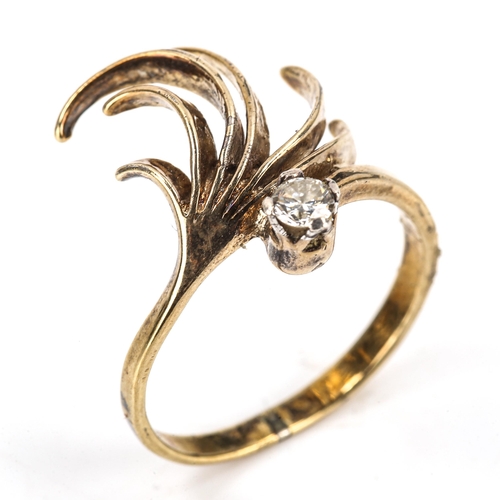 280 - A Russian style silver-gilt cubic zirconia feather dress ring, setting height 19.3mm, size M, 2.7g