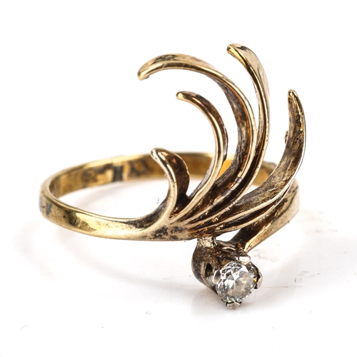 280 - A Russian style silver-gilt cubic zirconia feather dress ring, setting height 19.3mm, size M, 2.7g