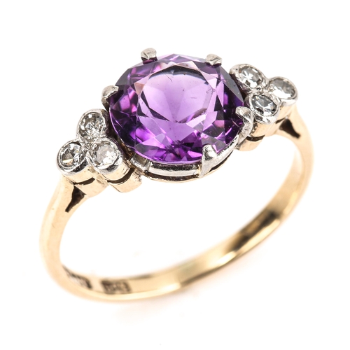 281 - A 9ct gold amethyst and diamond dress ring, platinum tops set with round-cut amethysts and single-cu... 