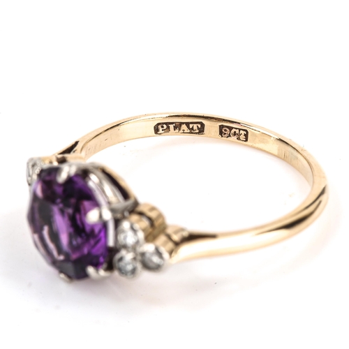 281 - A 9ct gold amethyst and diamond dress ring, platinum tops set with round-cut amethysts and single-cu... 