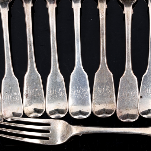 286 - A set of 12 silver Fiddle pattern dinner forks, George III and George IV, length 20cm, 25.5oz total