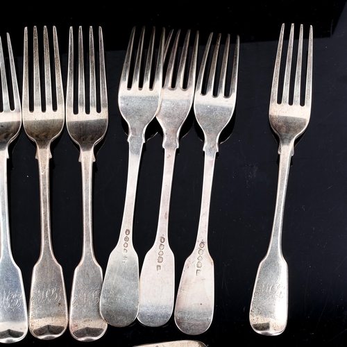 286 - A set of 12 silver Fiddle pattern dinner forks, George III and George IV, length 20cm, 25.5oz total