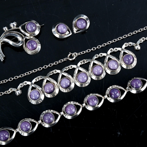 292 - HERMANN SIERSBOL - a Vintage Danish stylised sterling silver and purple moonstone demi-parure, compr... 