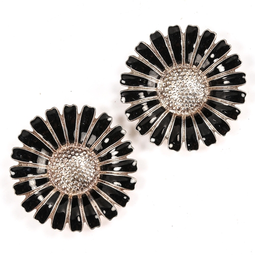 307 - BERNHARD HERTZ - 2 Danish sterling silver and black enamel daisy pattern brooches/buckles, diameter ... 