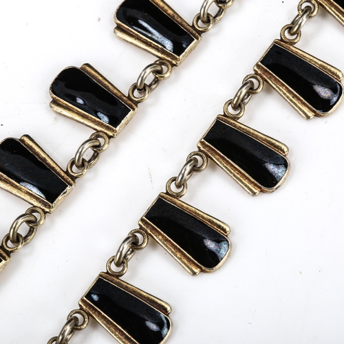 308 - VOLMER BAHNER - a Vintage Danish vermeil sterling silver and black enamel fringe necklace, necklace ... 