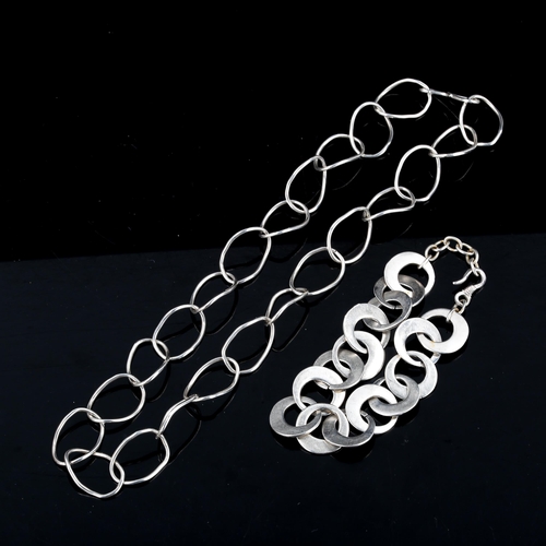 315 - A modern sterling silver hoop link necklace, and a similar white metal bracelet, lengths 40cm and 20... 