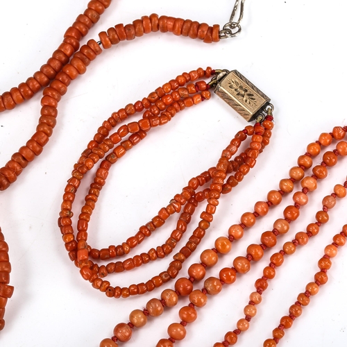 317 - A group of coral bead jewellery, comprising 2 necklaces and 1 bracelet, 27.6g total (3)