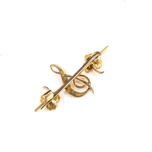 318 - A Victorian 15ct gold split-pearl initial S bar brooch, length 34.2mm, 2.7g