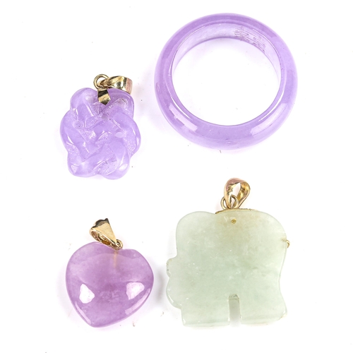 319 - Various modern jade jewellery, including lavender jade ring, elephant pendant etc, ring size Q, 11.5... 