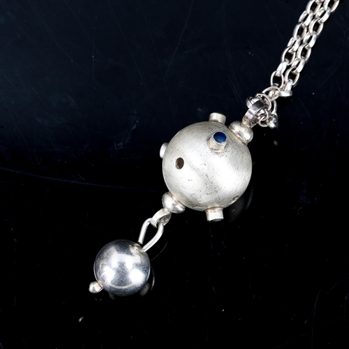 320 - A modern unmarked silver orb pendant necklace, on unmarked belcher link chain, pendant height 51.9mm... 