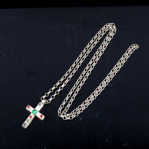 322 - A modern handmade silver cross pendant necklace, on unmarked belcher link chain, pendant height 36.1... 