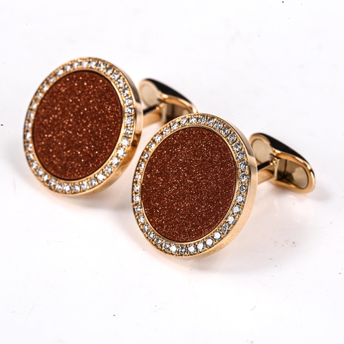 329 - A modern pair of 18ct rose gold gold stone and diamond cluster panel cufflinks, total diamond conten... 