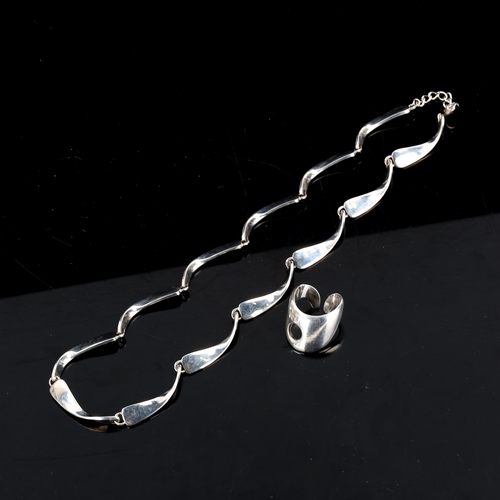 331 - A Danish stylised sterling silver wave panel necklace, by Jens Johs Aagaard, and a similar sterling ... 