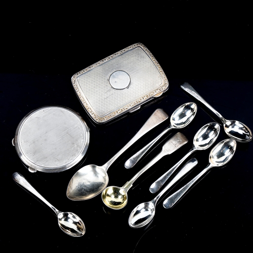 366 - Various silver, including cigarette case, compact, mustard spoon and teaspoon, and a set of silver p... 