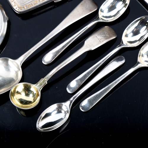 366 - Various silver, including cigarette case, compact, mustard spoon and teaspoon, and a set of silver p... 