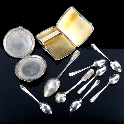 366 - Various silver, including cigarette case, compact, mustard spoon and teaspoon, and a set of silver p... 