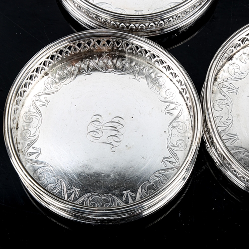 367 - A set of 6 19th century good quality silver plated drinks coasters, with reeded rims and pierced gal... 