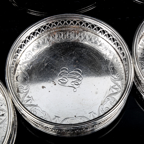 367 - A set of 6 19th century good quality silver plated drinks coasters, with reeded rims and pierced gal... 